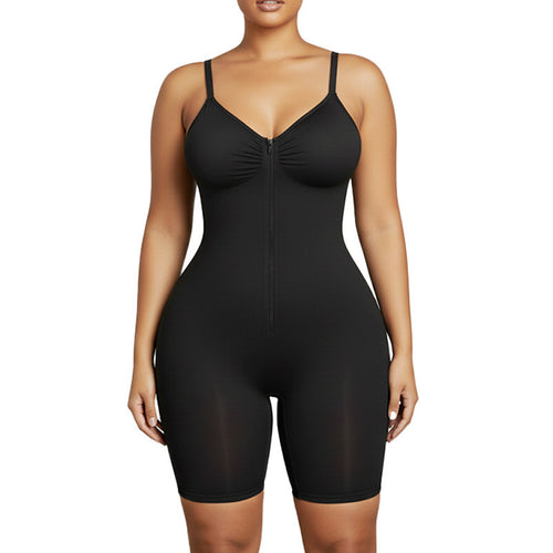 Zipper Front Full Body Shaper Bodysuit with Straps