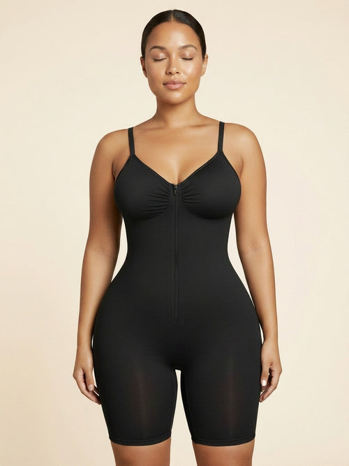 Zipper Front Full Body Shaper Bodysuit with Straps